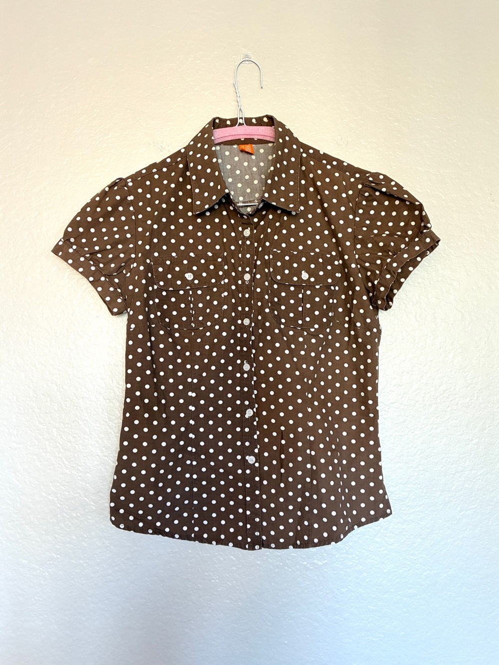 Y2K Broadway 100% Cotton Polka Dot Button-Front Blouse Brown/White Puff Sleeve